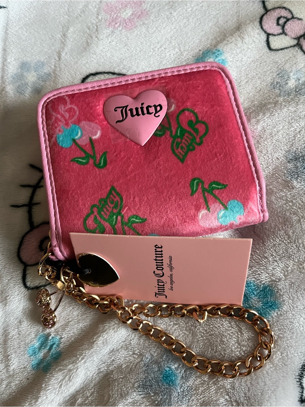 Juicy Couture Pink Velvet Cherry Wallet with Gold Chain Wristlet